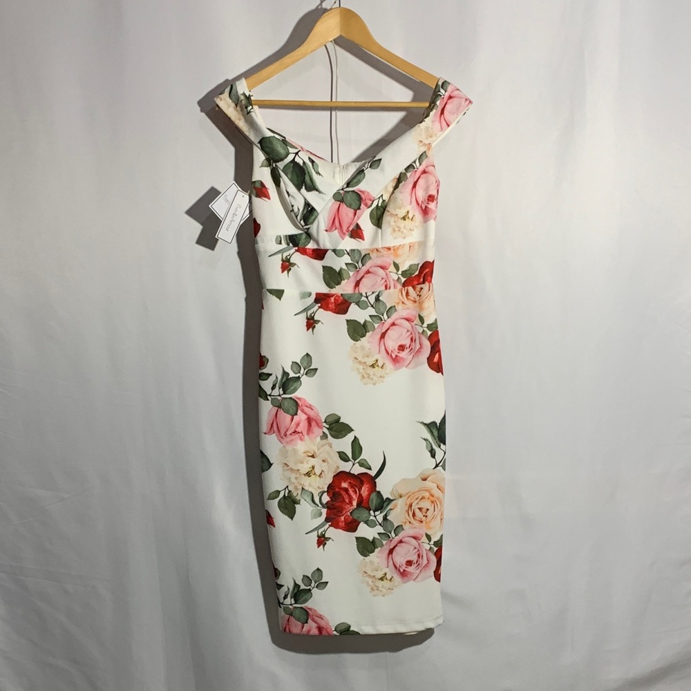 White Floral Midi Dress with Pink & Red Roses